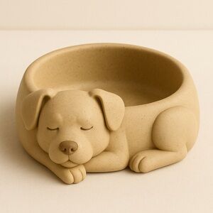Cream Dog-Shaped 3D Pet Bowl - Cute Sleeping Puppy Design